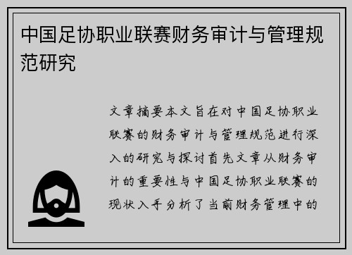 中国足协职业联赛财务审计与管理规范研究