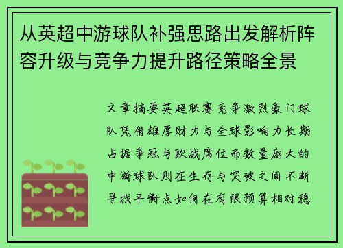 从英超中游球队补强思路出发解析阵容升级与竞争力提升路径策略全景