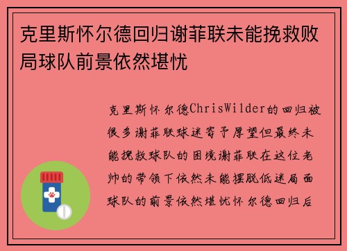 克里斯怀尔德回归谢菲联未能挽救败局球队前景依然堪忧