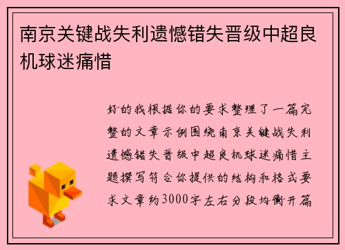 南京关键战失利遗憾错失晋级中超良机球迷痛惜